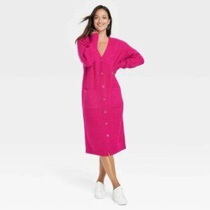 A New Day Women's Sizes Hot Pink Button-Front Long Sleeve Sweater Dress XS